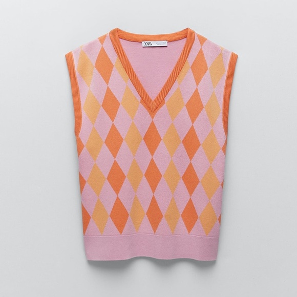 Nwt Zara Argyle Knit Sweater Vest 